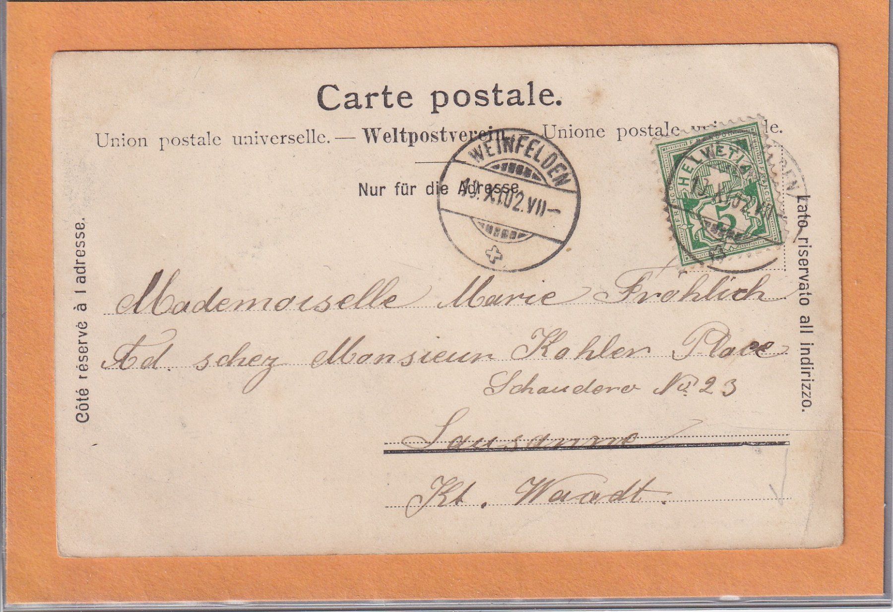 Ansichtskarten: Weinfelden - rue de la gare - 1902 – Gebraucht aus Orvin von Pyaeschli 1