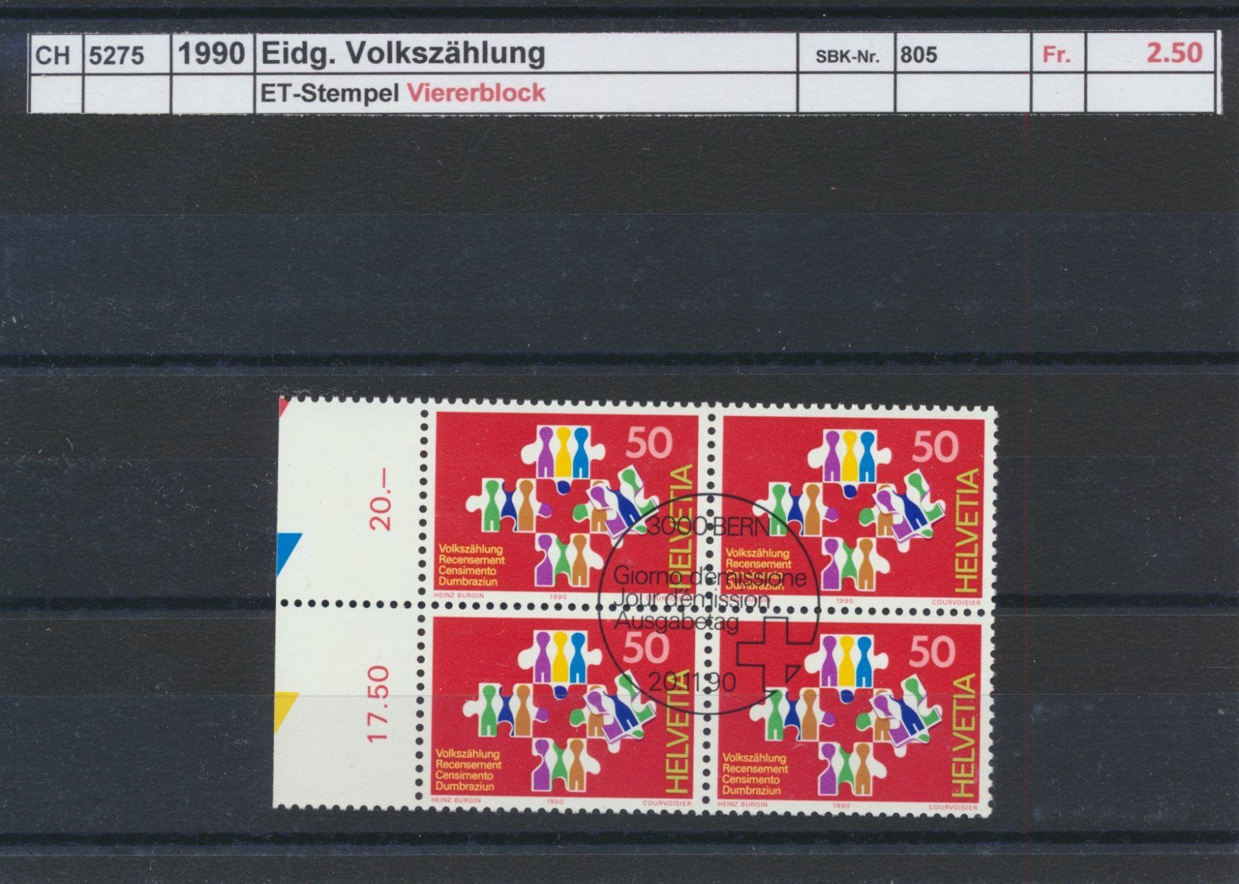 Tutti i francobolli: 1990 "Eidg. Volkszählung", Viererblock, ET-Stempel – Usato da Winterthur venduto da Zupogeru