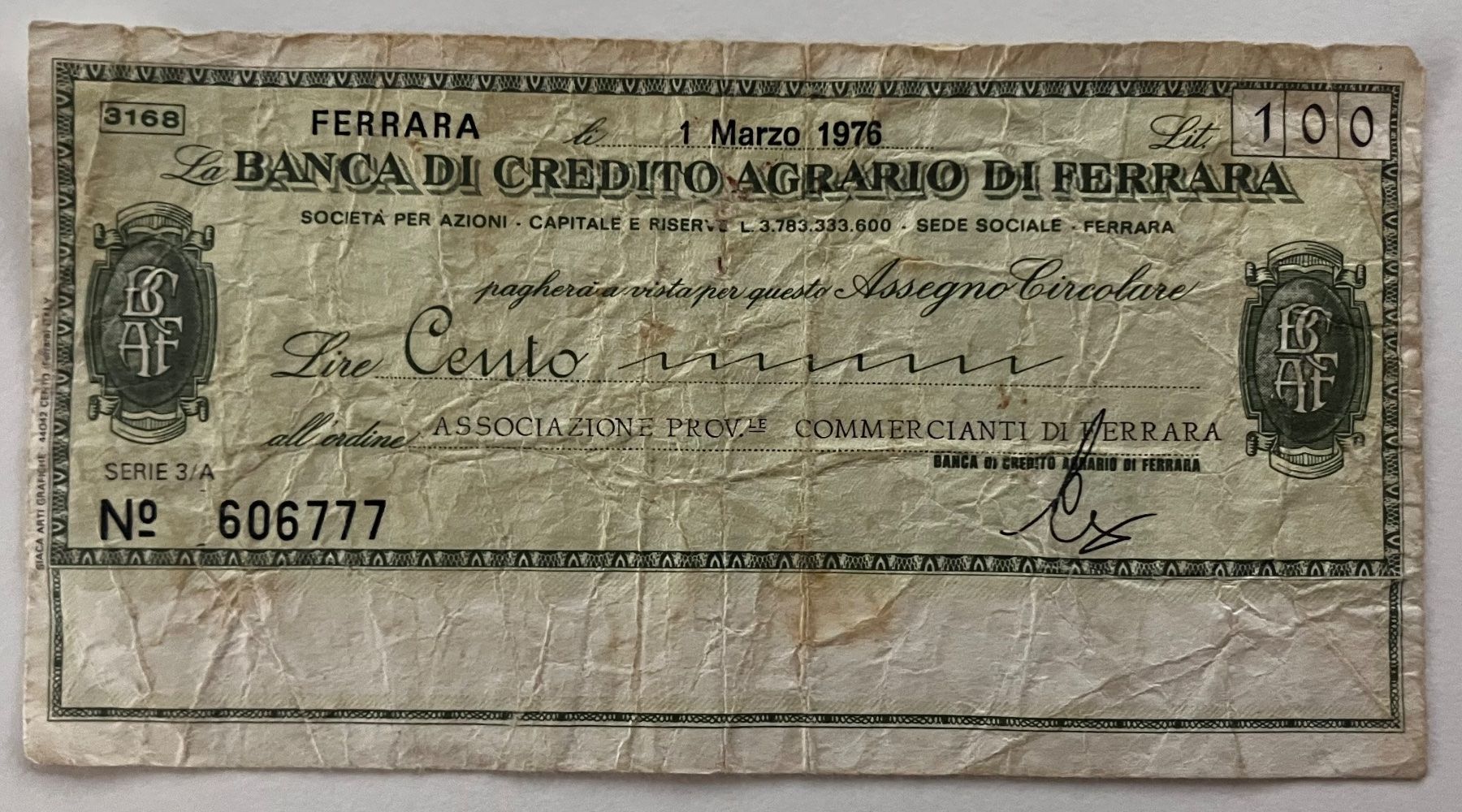 Banconote: Italien 100 Lire Scheck 1976 – Usato da Algetshausen venduto da Carrhard