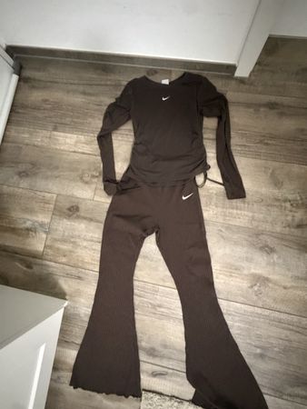 Nike Ribbed Set Long Sleeve Top and Flared Pants Brown
