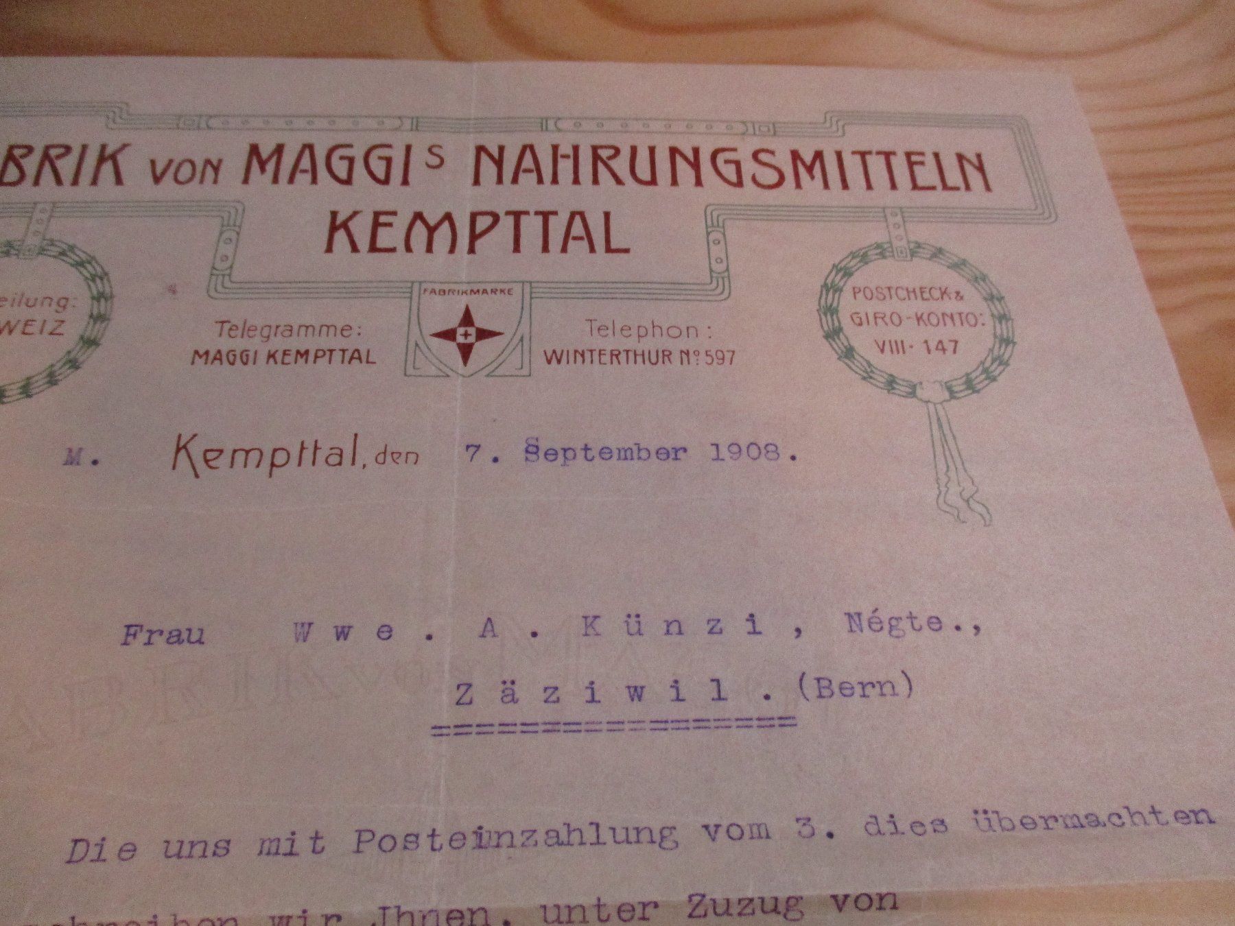 Documenti: Maggi Kempttal Rechnung 1908 2 Stk. – Usato da Felsberg venduto da sanwill 1