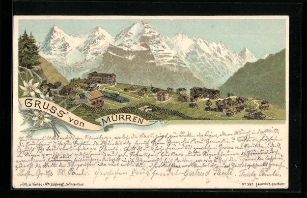Ansichtskarten: Litho Mürren, Ortsansicht mit Alpen – Gebraucht aus Berlin von bartko-reher