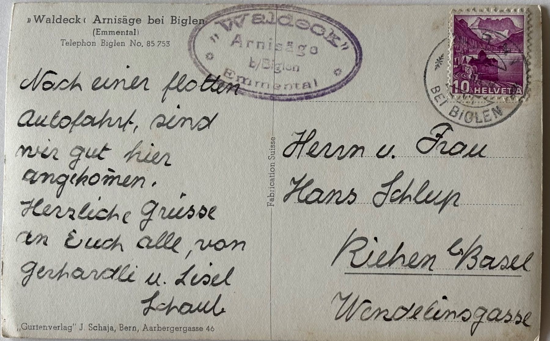 Cartoline postali: Biglen, Emmental, Waldeck Arnisäge – Usato da Frauenfeld venduto da Merk52 1