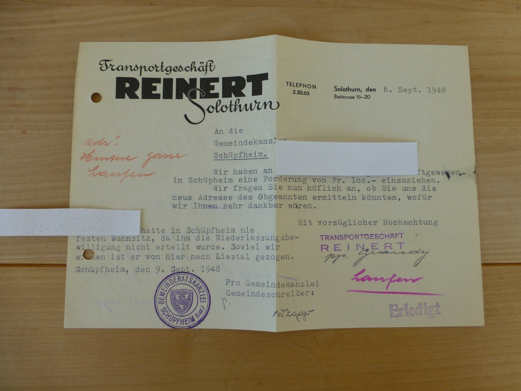 Dokumente: Schüpfeim ( Luzern )Solothurn, 1948 – Gebraucht aus Bettlach von 1saurer