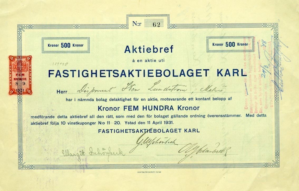 Documents: Fastighets AB Karl, Ystad - 1931 – D'occasion à Solothurn par Sgasche