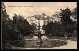 AK St. Gallen, Stadtpark mit Tonhalle, Brunnen