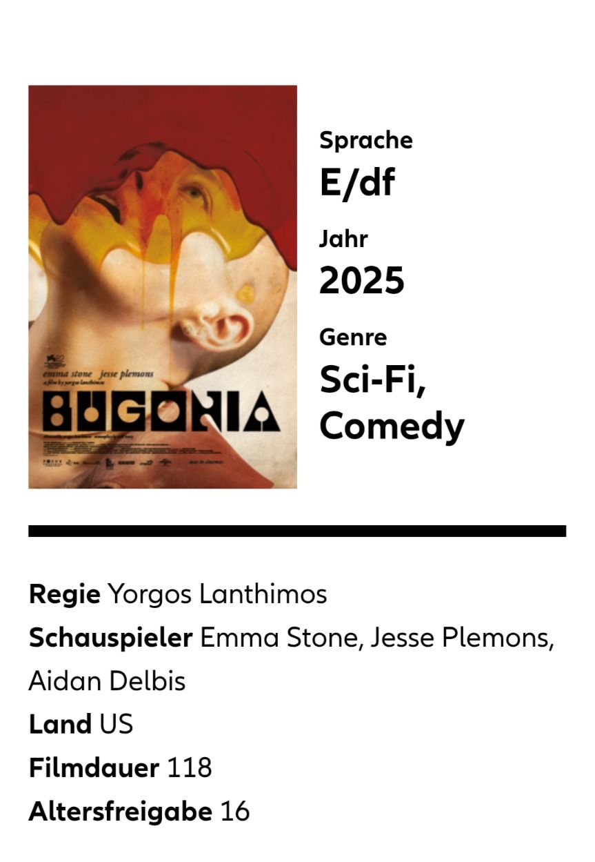 Biglietti: 2x Allianz Cinema - Bugonia 31.07.26 - E/df - 21:20 – Nuovo e nell'imballaggio originale da Zürich venduto da adormideras