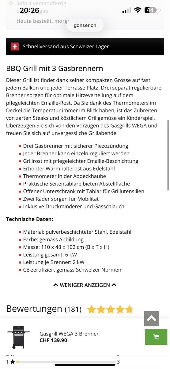Griglie: Gasgrill WEGA 3 Brenner neuwertig – Nuovo e nell'imballaggio originale da Luzern venduto da Vavoba 2