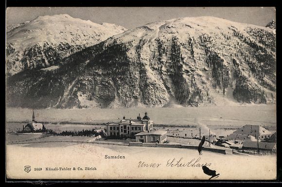 Ansichtskarten: AK Samaden, Schulhaus im Schnee, 1911 – Gebraucht aus Berlin von bartko-reher