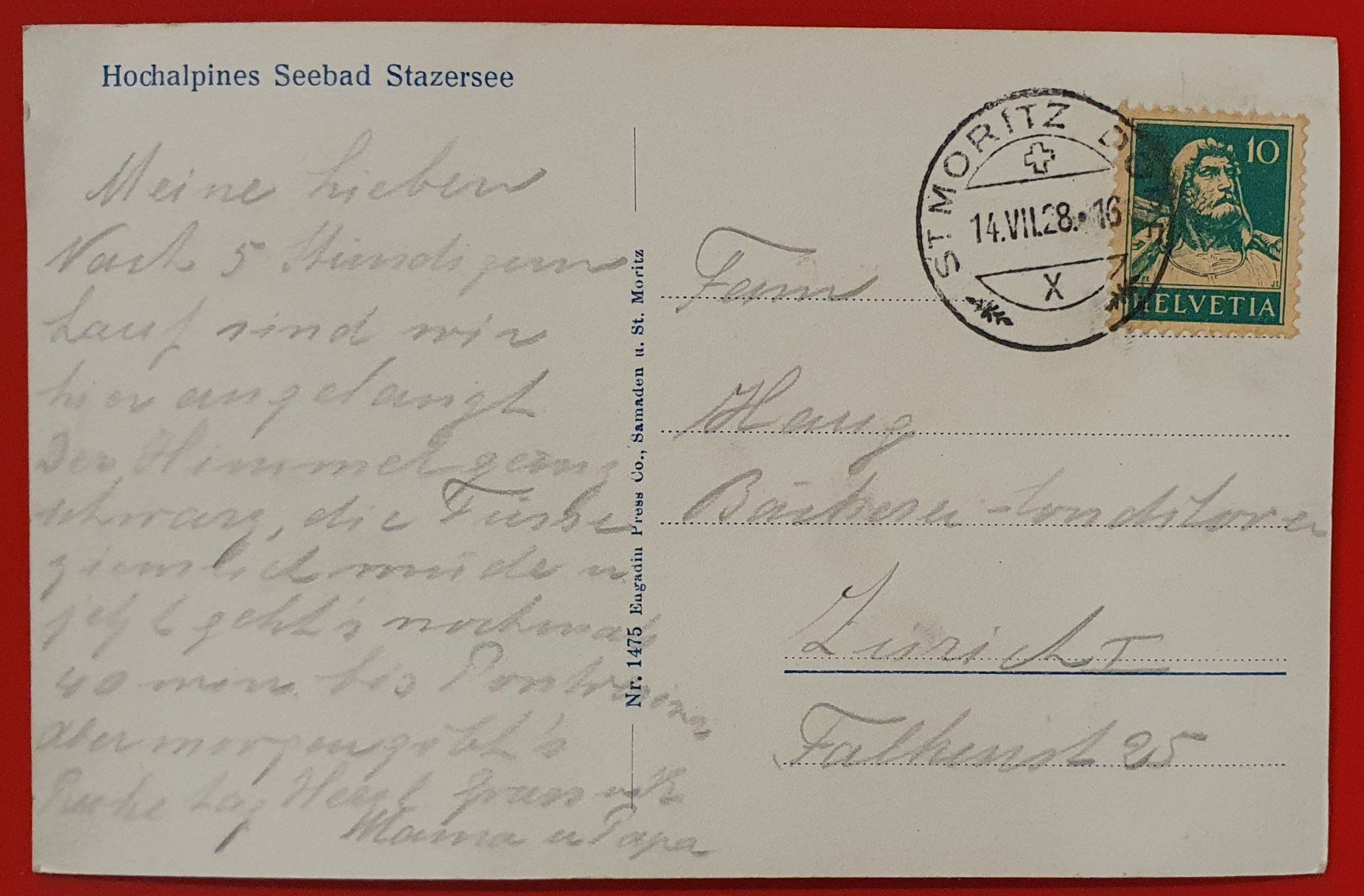Cartoline postali: St.Moritz 1928 - Hochalpines Seebad Stazersee – Usato da Kreuzlingen venduto da Rschweiz1 1