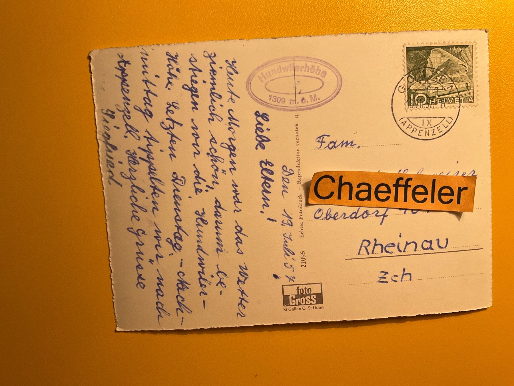 Cartoline postali: 1857 Hundwiler Höhe 1309 M.ü.M. – Usato da Zürich venduto da Chaeffeler 2