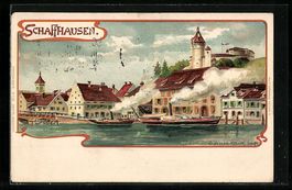Schaffhausen, Uferpartie mit Dampfbooten