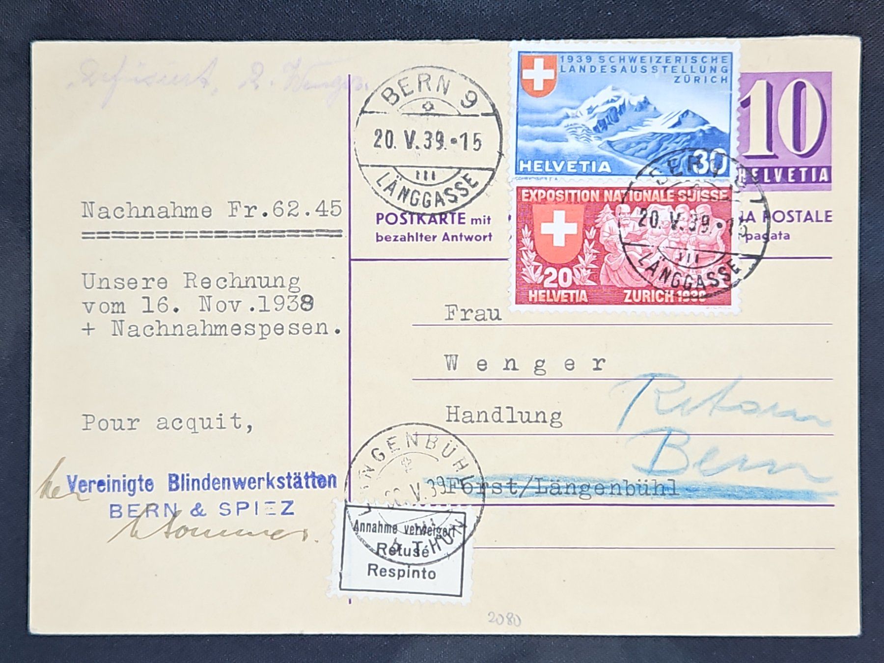 Tutti i francobolli: CL23 Carte Postale + Timbre Suisse 1939 – Usato da Cousset venduto da Patrick_Collections