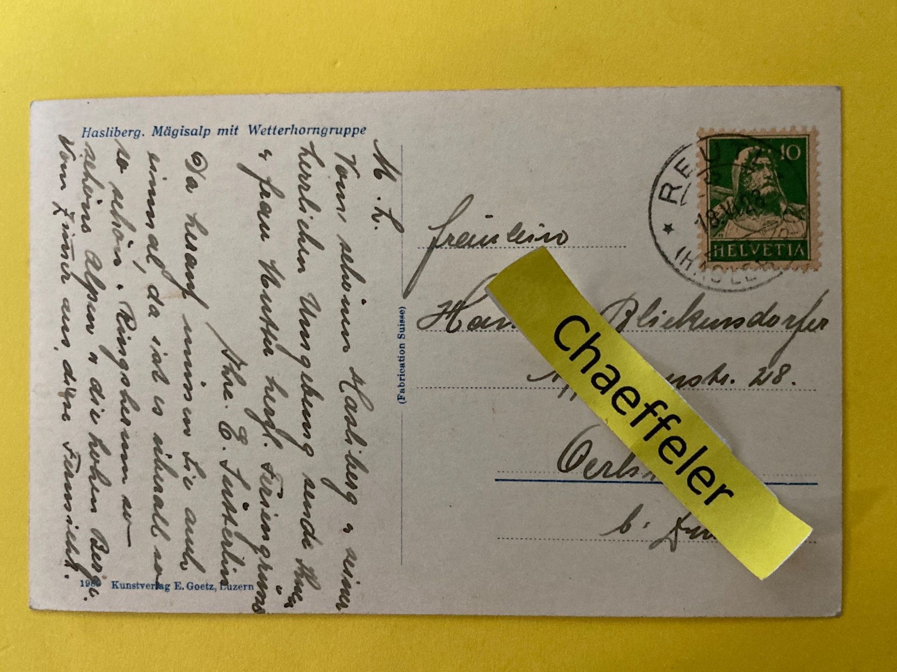 Cartoline postali: 1928 Hasliberg. Magisalp mit Werrerhorn – Usato da Zürich venduto da Chaeffeler 1