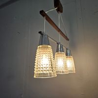 1970 Teak Chrom Ceiling Lamp Hängeleuchte m 3 Glaslampen