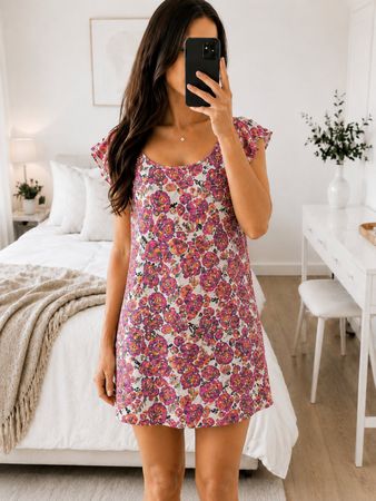 Rosa Blumenkleid Gr. 34/36 – 100% Baumwolle – Sommerkleid