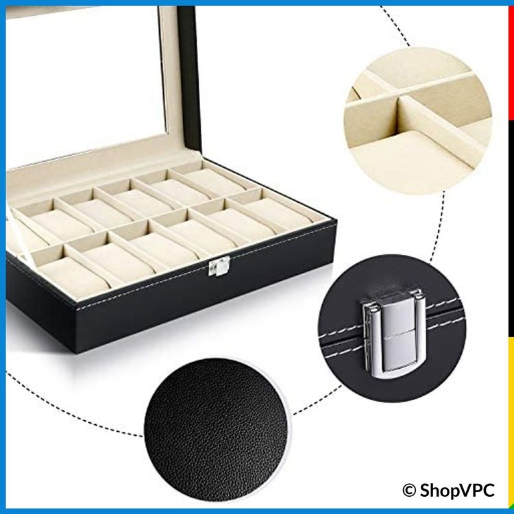 Uten Uhrenbox Mit 20 Fächern & Glasdeckel - Samtfutter Mit Schlüsselschloss