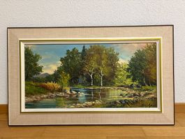 87cm breitx51.5cm/Öl Gemälde Wald See Teich euphorisch
