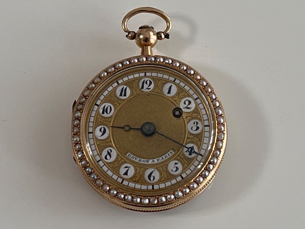 Montre De Poche Ancienne XIXème Siècle - Émaillée, Dorée, Dos Floral Peint Main - Vintage