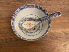 Vintage Chinesische Porzellan Reisschale Schüssel + Löffel