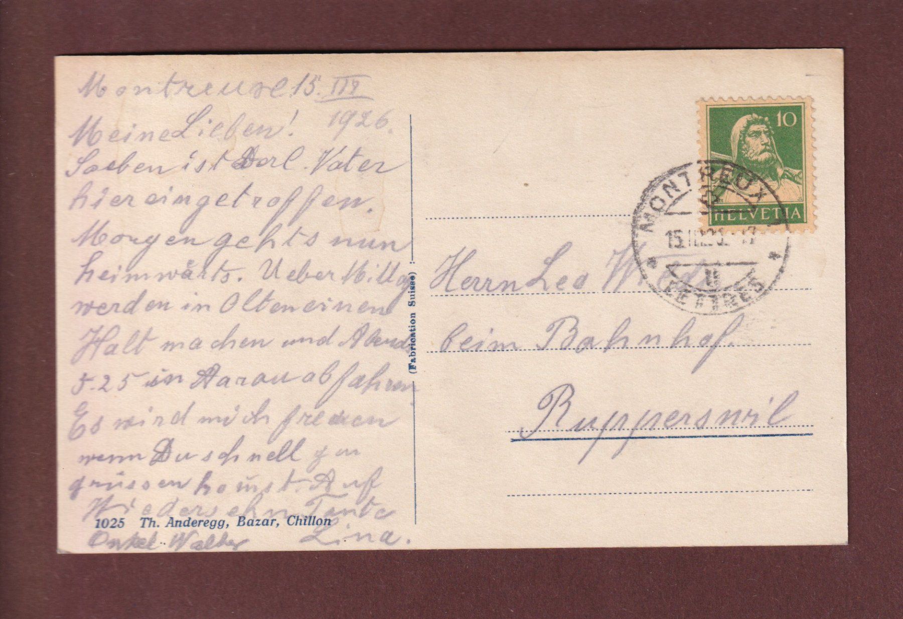 Ansichtskarten: MONTREUX - Barque du Léman - 1926 – Gebraucht aus Pully von nicecards 1