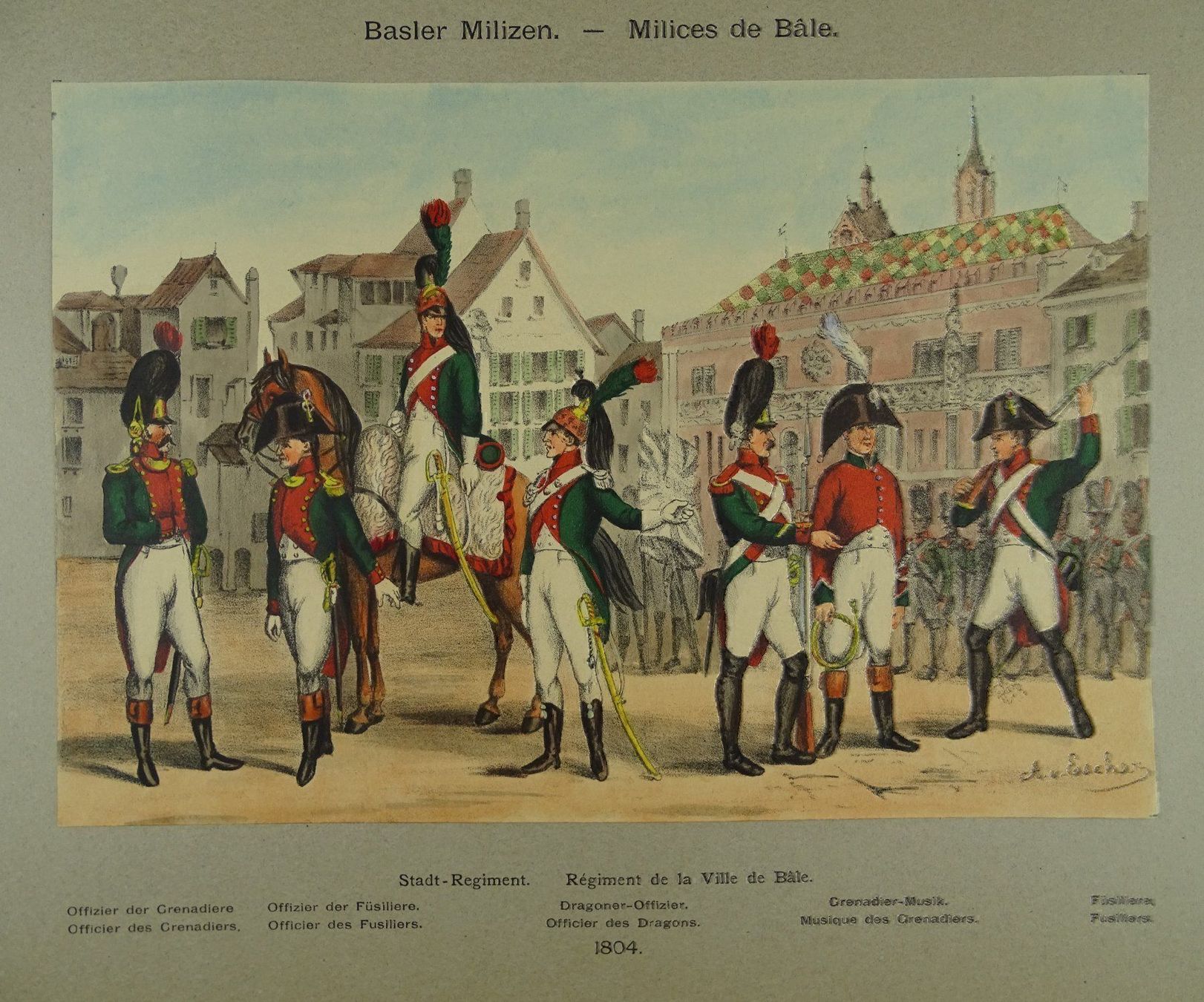 Grafiken & Lithographien: BASLER MILIZEN, LITHOGRAPHIE UM 1890 – Gebraucht aus Grüningen von Kartensammler