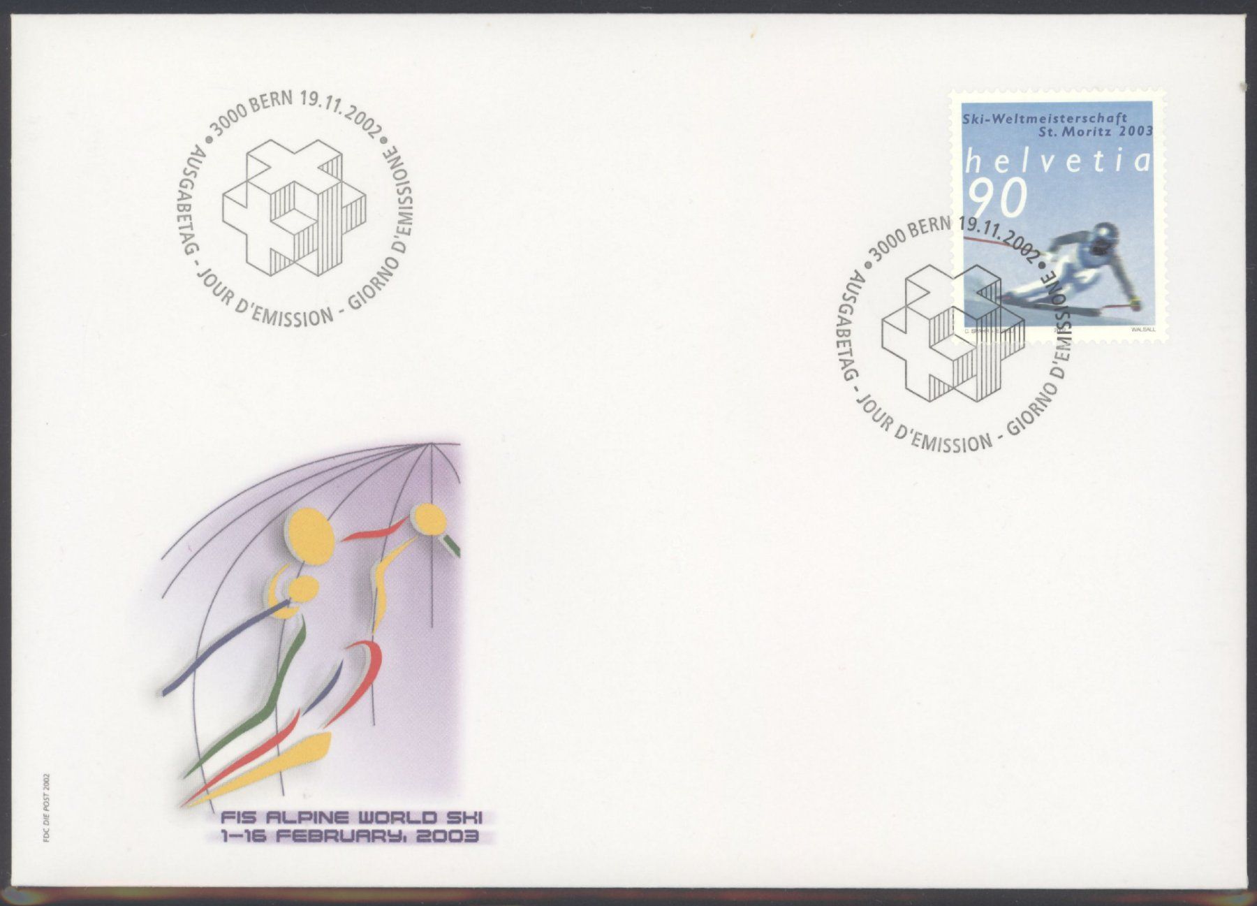 Tutti i francobolli: 2002, FDC, Sondermarke Skiweltmeisterschaft St. Moritz – Usato da Willisau venduto da Vollstempel