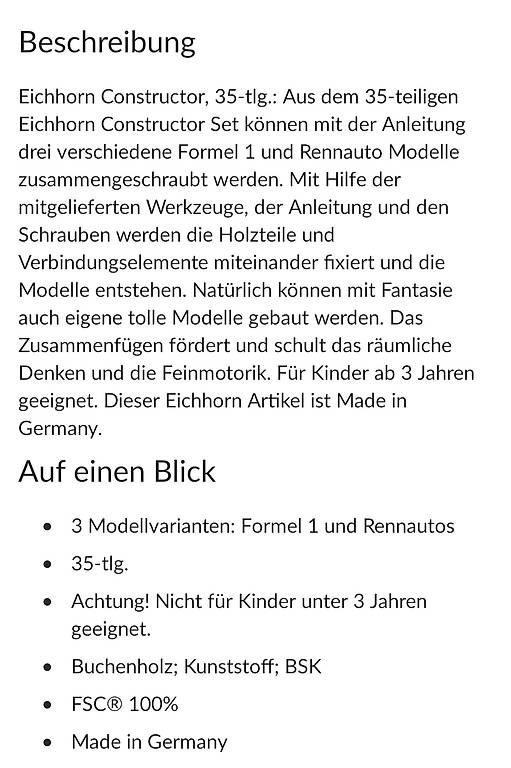 Jouets: Eichhorn Constructor - Rennauto  – D'occasion à Wiesendangen par Silvia8400 1