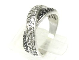 Vintage Ring 2-fach gekreuzt Silber 925 Steine schwarz weiss