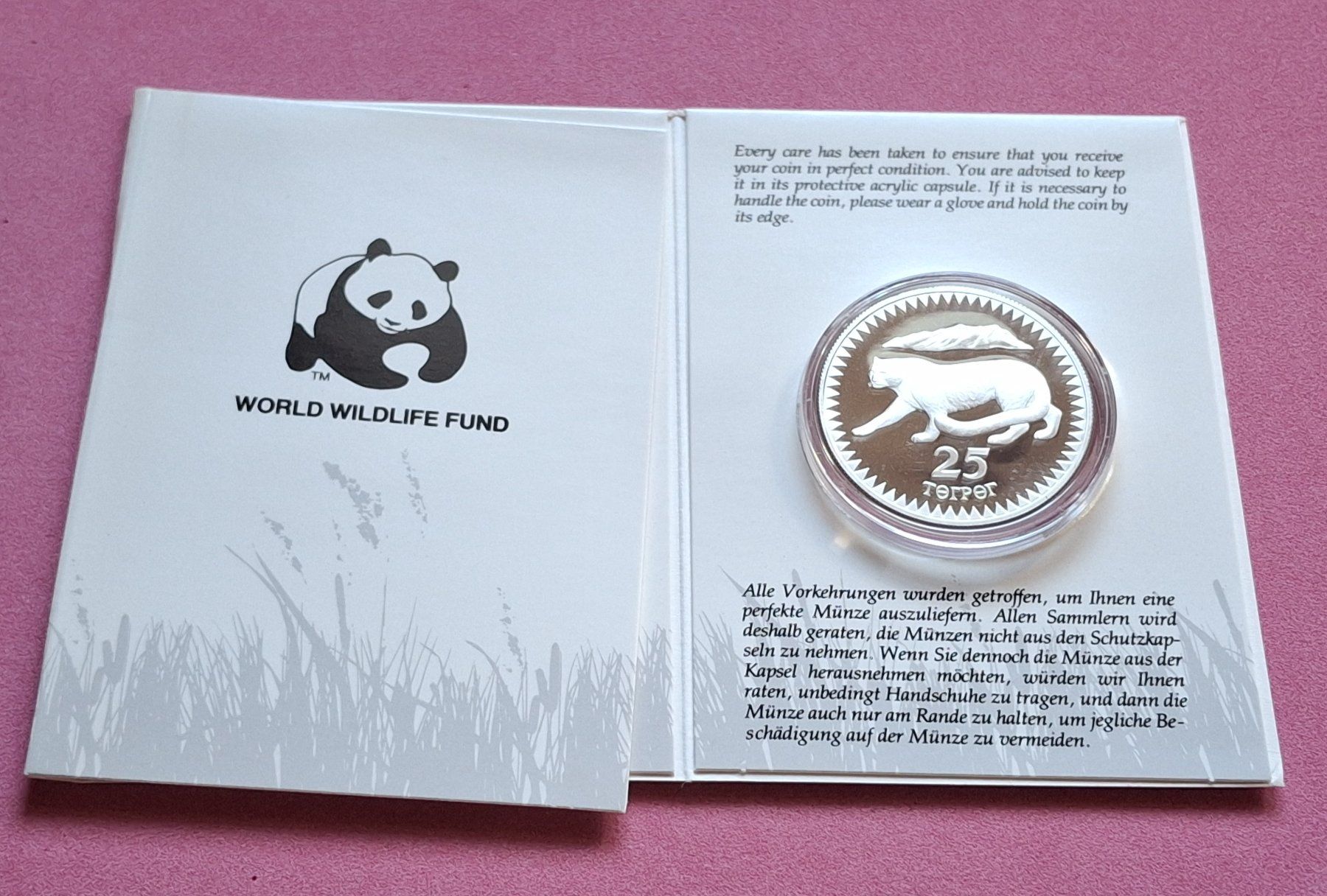 Tutti le monete: MONGOLEI - 25 TUGRIK 1987 - SCHNEELEOPARD – Nuovo e nell'imballaggio originale da Boniswil venduto da dpd4coins