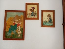 3 handgemalte Kinder-Gemälde mit Holzrahmen und Glas