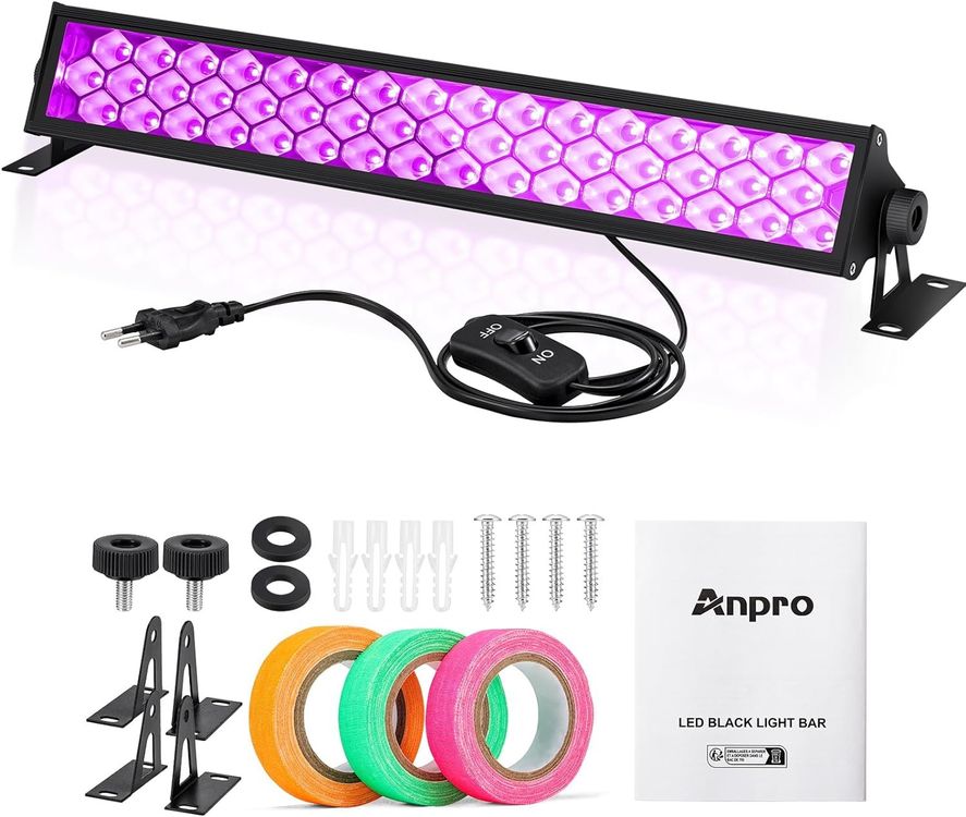T-SUN 72W Schwarzlichtleiste – 120 LEDs, IP66 Wasserdicht, 400–405 Nm UV- Strahler Für Partys, Disco & Halloween (mit Schalter, 1,8 M Kabel)