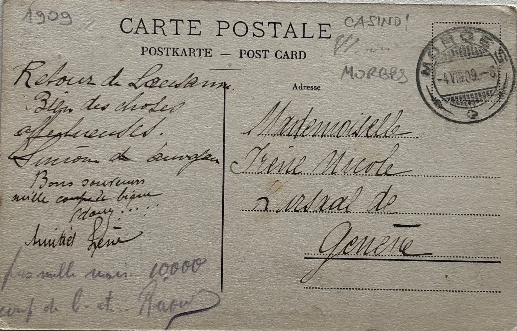Cartoline postali: Morges, Casino , 1909 – Usato da Frauenfeld venduto da Merk52 1