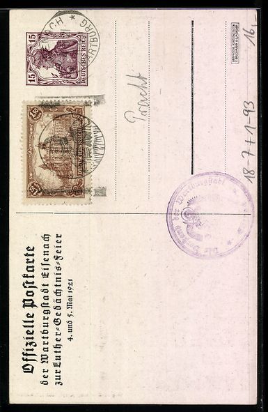 Cancelleria postale: Eisenach, Luther-Gedächtnisfeier 1921,  – Usato da Berlin venduto da bartko-reher 1