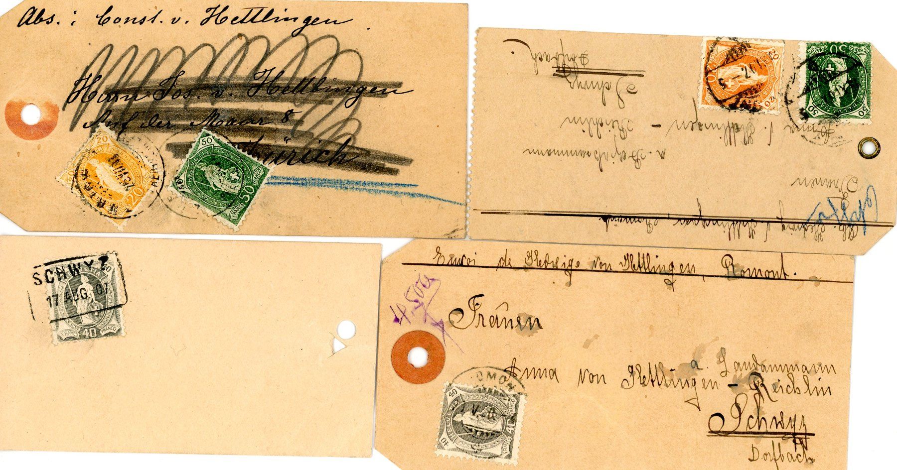 Tutti i francobolli: 4 Paketkarten - Stehende Helvetia – Usato da Einsiedeln venduto da otm_7s5v