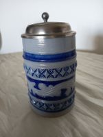Bierkrug aus Steingut mit Zinndeckel gebraucht