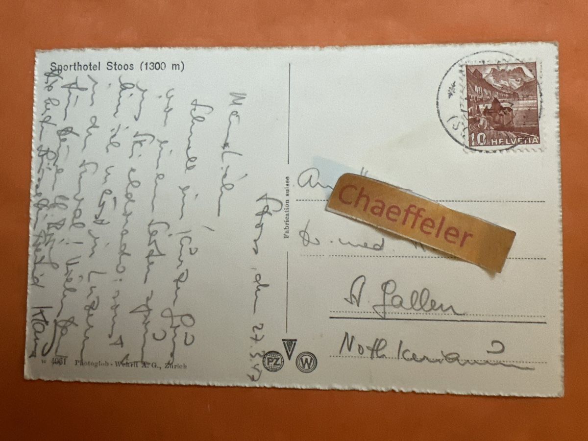 Cartoline postali: 1947 Sporthotel Stoos – Usato da Zürich venduto da Chaeffeler 1