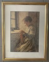Albert Anker Strickendes Mädchen Bild in edlem Goldrahmen