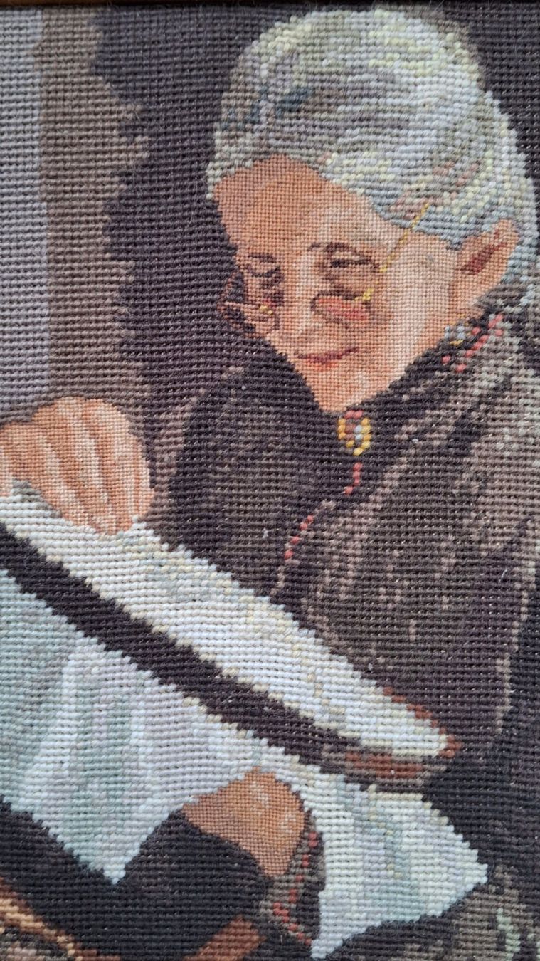 Poster & Bilder: Schönes Stickbild Dame mit Handarbeit, gerahmt. – Gebraucht aus Weinfelden von JoeBaer 1
