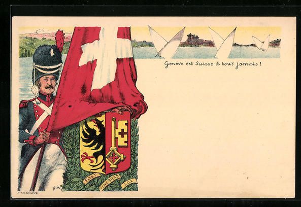 Cartoline postali: Geneve, Soldat mit schweizer Nationalfla – Usato da Berlin venduto da bartko-reher