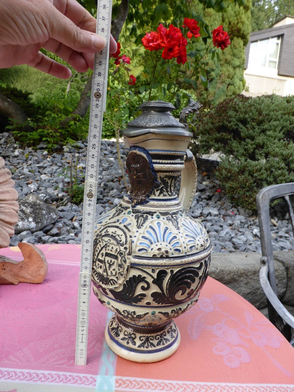 Caraffe: STEINGUT KRUG MIT ZINNDECKEL WESTERWALD BRD - CA 1920 – Usato da Reinach AG venduto da pussi100