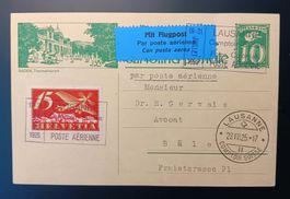 Bildpostkarte mit Flugpost von Lausanne nach Basel 1925