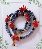 EDELSTEINKETTE KETTE HALSKETTE LAPISLAZULI KORALLE 60cm