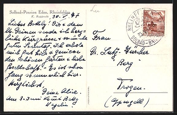 Cartoline postali: Rheinfelden, Solbad-Pension Eden K. Rupp – Usato da Berlin venduto da bartko-reher 1