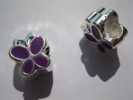 2 Grosslochperlen, Beads versilbert Schmetterling, violett
