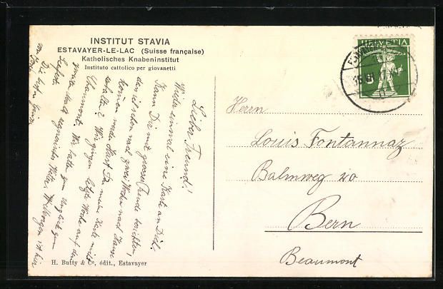 Cartoline postali: Estavayer, Institut Stavia, Gebäudeansi – Usato da Berlin venduto da bartko-reher 1