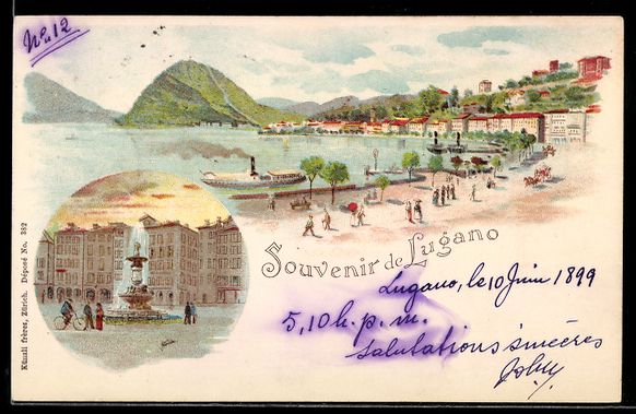Cartes postales: Litho Lugano, Seepromenade mit Dampfschi – D'occasion à Berlin par bartko-reher