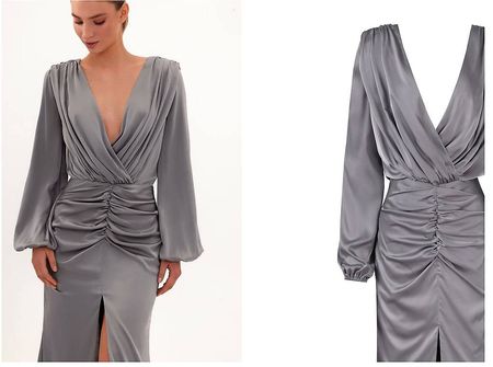 Fancy silver silk maxi evening dress - Robe de soirée grise