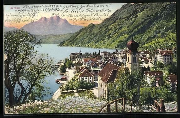 Cartoline postali: Gersau, Ortsansicht mit Kirche, See und  – Usato da Berlin venduto da bartko-reher