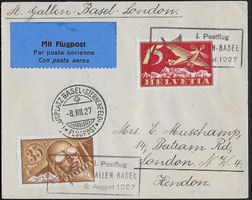 1927 Brief 1. Postflug BASEL-ST. GALLEN F3+6 Sonder-o ab 1.-